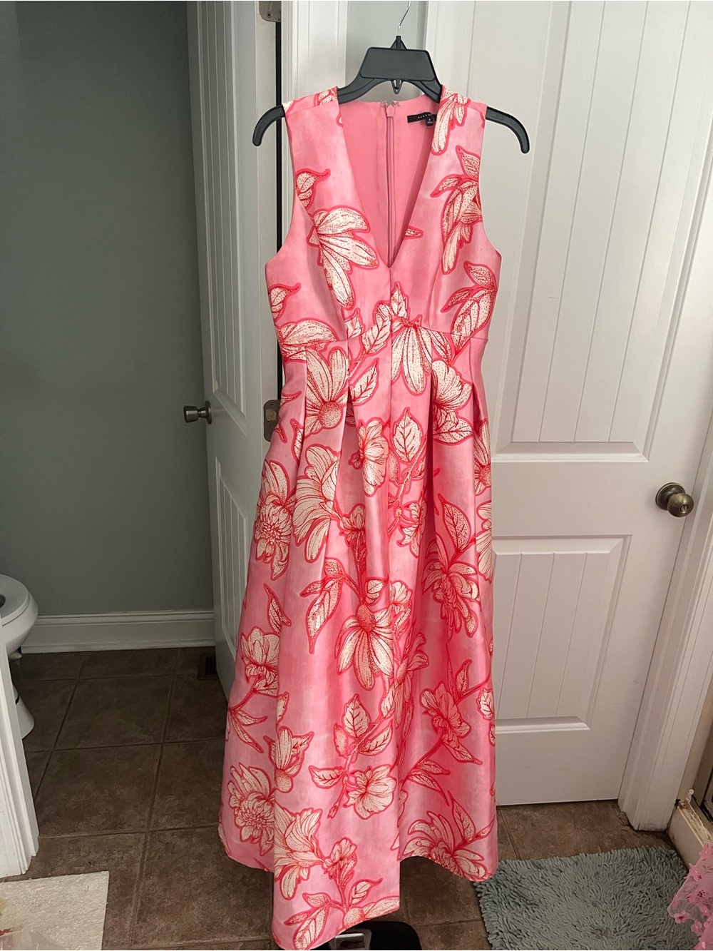 Alex Marie Coral Pink Floral V-Neck A-Line Gown